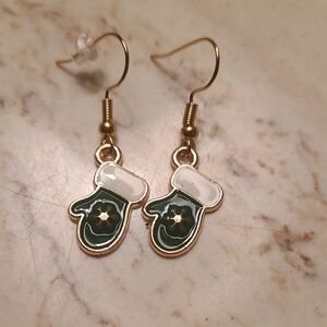 Green and White Mitten Earrings